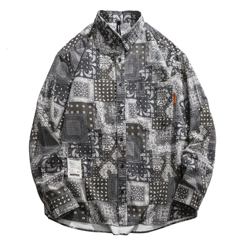 Mens Fashion Brand Japanese Style Long Sleeve Hong Kong Style Couple Workwear Paisley