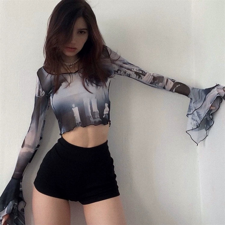 Womens round Neck Printed Tie-Dye Slim-Fit Mesh Shirt