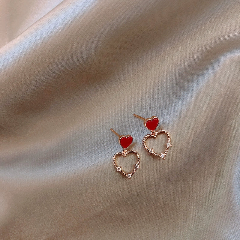 Women's Heart Niche Design Sterling Silver Needle Red Earrings