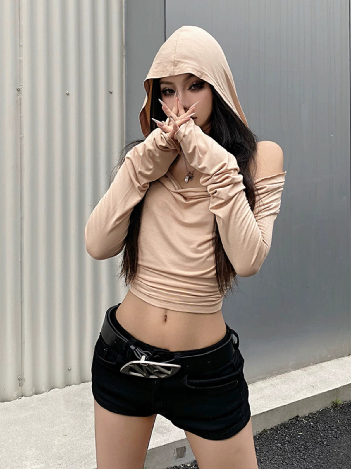 Womens Waste Soil Style Fashion Swing Collar Long-Sleeved Hooded Top