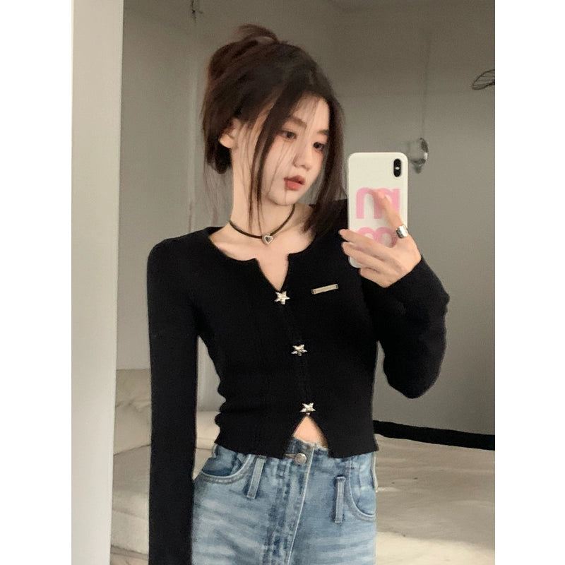 Womens Black V-neck Base Knitwear Slim Looking Unique Chic Cropped Small Top