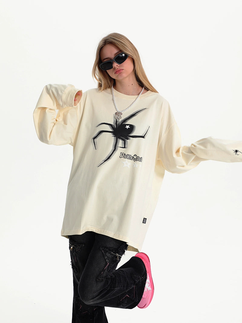 Womens Spider Print Loose Upper Clothes Long Sleeves T-shirt