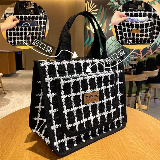 Black and White Plaid Woolen Handbag Multi-Pocket Zipper Mummy Bag Linen Portable Fashion Commuter Practical Hand Bag