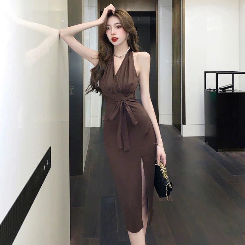 Womens V-neck Backless Halter Dress French Style Temperament Slit Slim-Fitting Sheath Dress