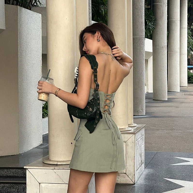 Womens Lace-up Tube Top Pocket dress