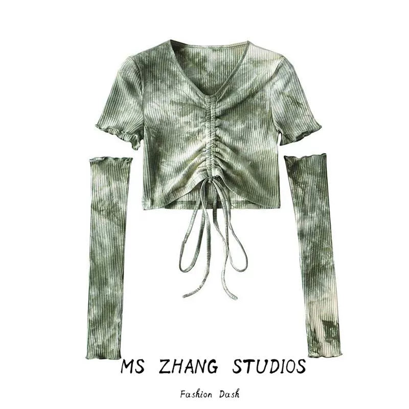 Womens Tie-Dye V-neck Two-Piece Broken Sleeve Lace-up Shirt