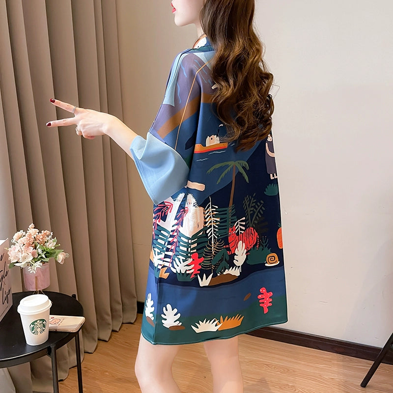 Womens Small Stand Collar Casual Cartoon Printed Dress