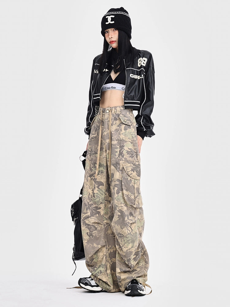 Womens RTRX Retro Drawstring Loose Casual Wide Leg Camouflage Pants