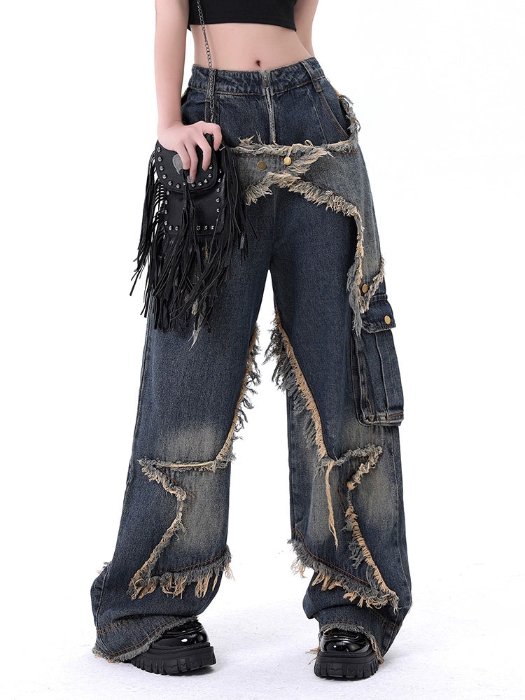 Womens Cuwu American-Style Burr Straight Niche Wide-Leg Jeans