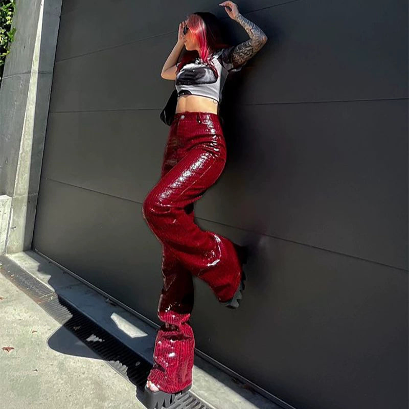 Womens European and American Women's Clothing Red Crocodile Pattern Sexy High Waist Leather Pants