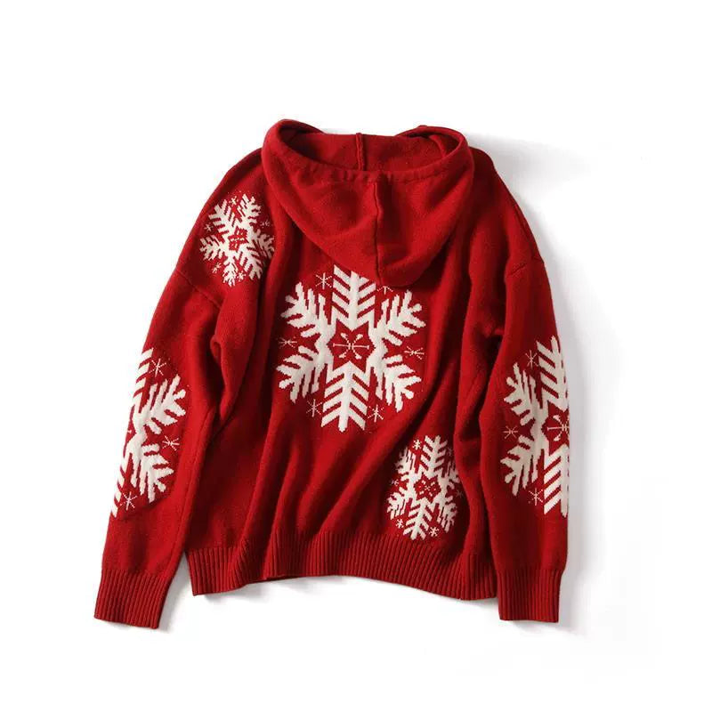 Womens Red Wool Sweater Jacquard Loose-Fitting Hooded Christmas