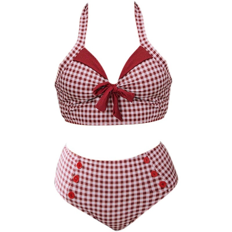 New Fashion Red Plaid Ins Sexy Bikini plus Size Plus Size Ladies Cover Your Belly with High Waist Slimming Two-Piece Swimsuits Bikini