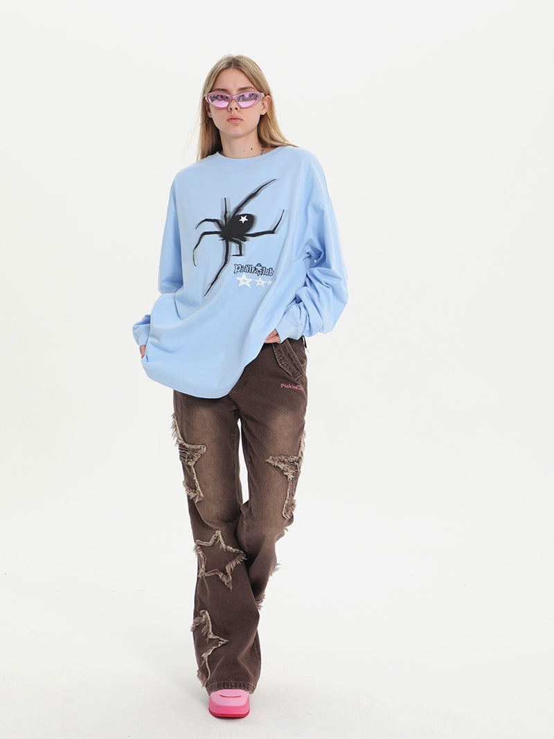 Womens Spider Print Loose Upper Clothes Long Sleeves T-shirt