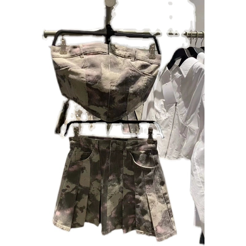 Womens SH & URAZ Soil Style Camouflage Printing and Dyeing Profile Thin Pleated Skirt