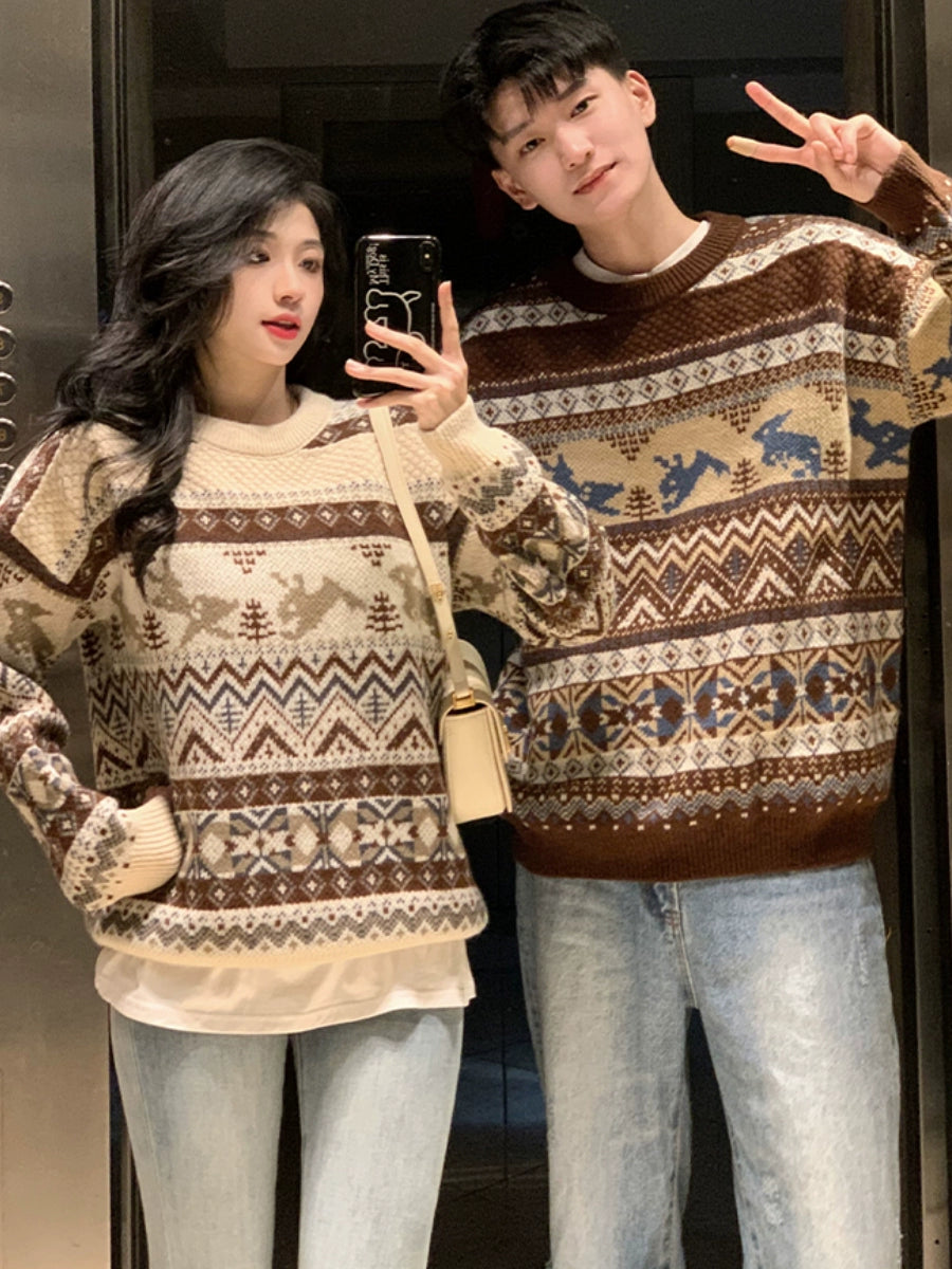 Unisex Autumn and Winter Niche Retro Soft Glutinous Loose round Neck Couple Wear