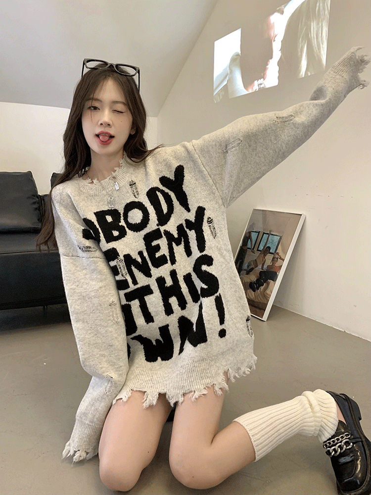 Womens American Ripped Letters Loose Mid Length Long Length Long-Sleeved Knitted Shirt