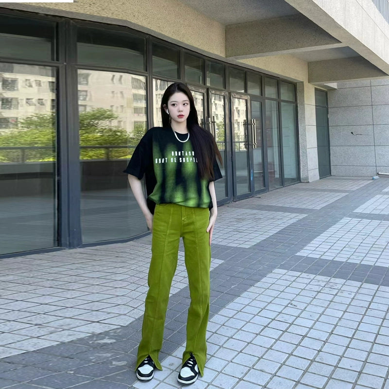 Womens Cool Sexy Green Split Casual Long Denim Pants