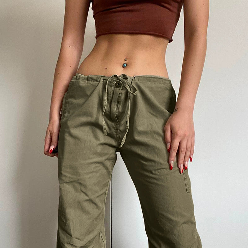 Womens Y2k Green Cargo Tied Ruched Pants