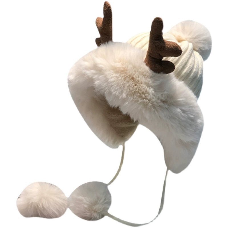 Cute Deer Horn Winter Fur Ball Cycling Warm Hat