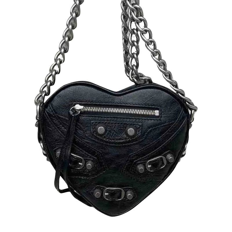 Internet Celebrity Same Style Rivet Love Heart-Shaped Shoulder Motorcycle Bag