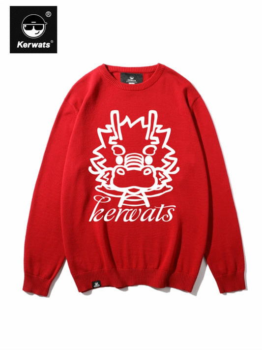 Mens Kerwats Dragon Pattern Chinese Style Red Sweater