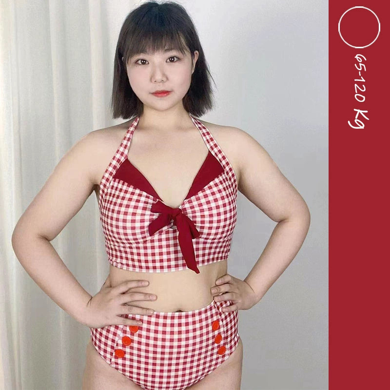 New Fashion Red Plaid Ins Sexy Bikini plus Size Plus Size Ladies Cover Your Belly with High Waist Slimming Two-Piece Swimsuits Bikini