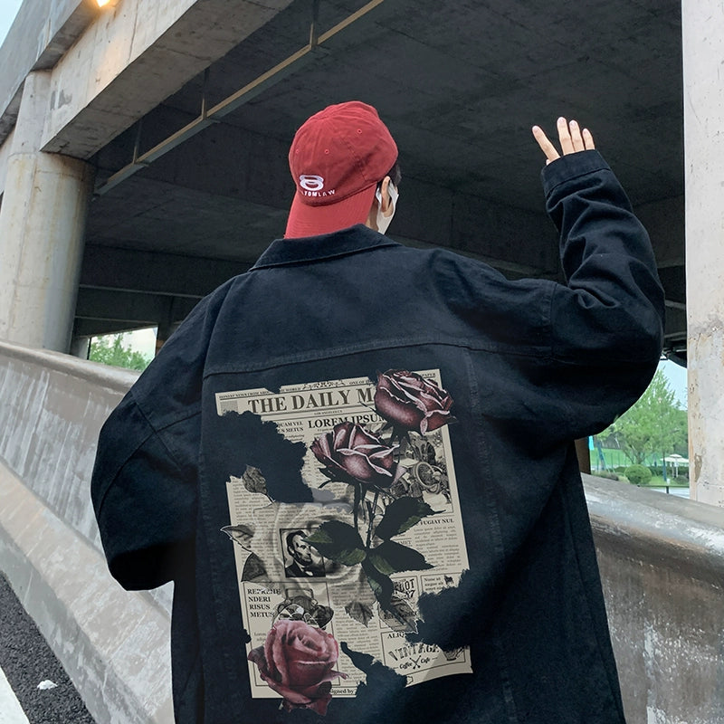 Men's Fall and Winter Oversize Fleece-lined Rose Print