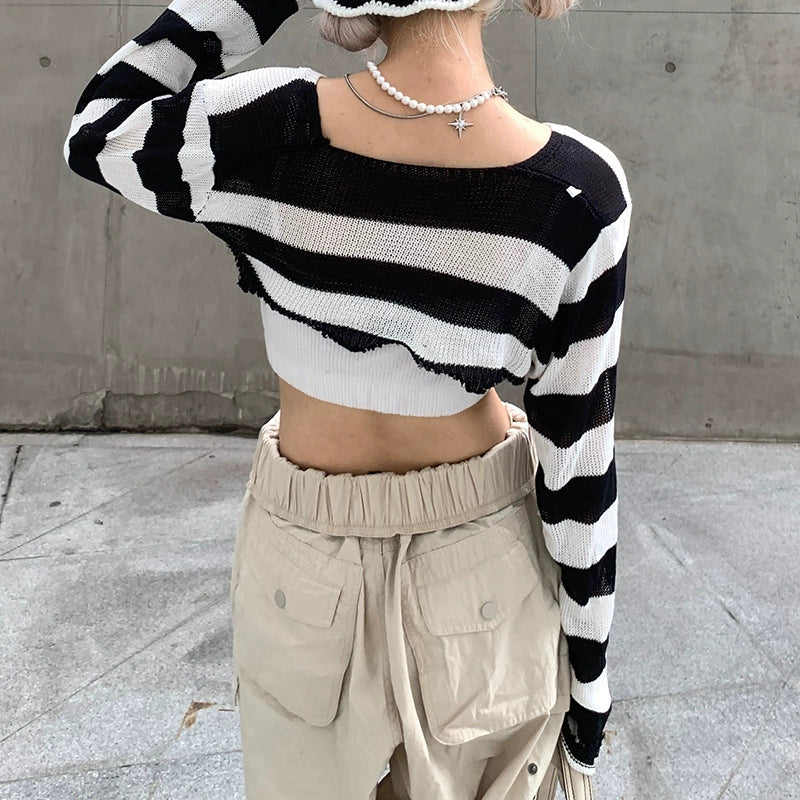 Womens Y2K Striped Crop Top Pin Up Full Sleeve Knitted Cardigas