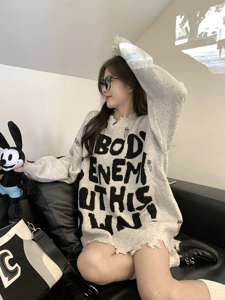 Womens American Ripped Letters Loose Mid Length Long Length Long-Sleeved Knitted Shirt