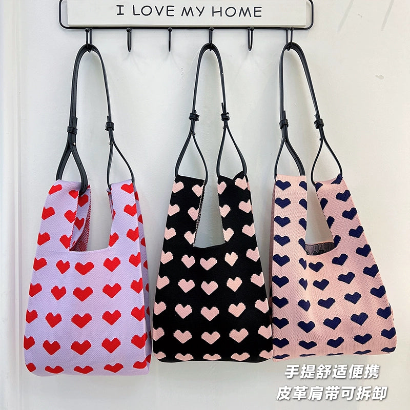 New Japanese and Korean Heart Color Matching Textured Handbag Tote Bag