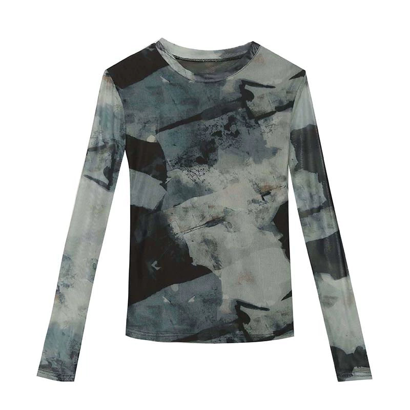 Womens Ink Painting Tie-Dye Retro Slim Fit Long-Sleeved T-shirt Mesh