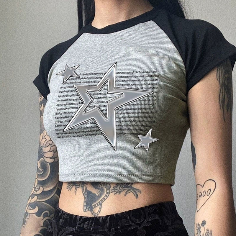 Womens European and American Light Punk Liquid Metal XINGX Print Raglan Short Sleeve