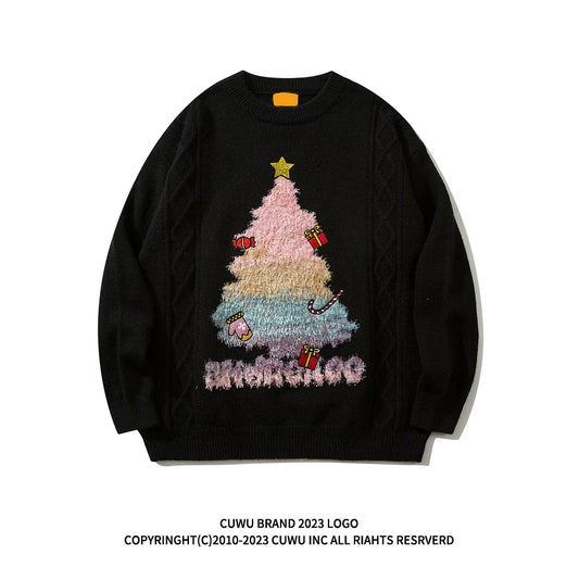 Unisex Cuwu Christmas Tree Idle Style Knitted Black Sweater