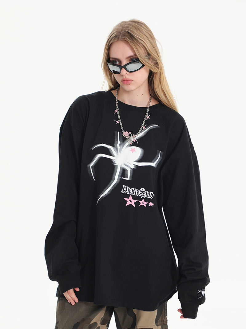 Womens Spider Print Loose Upper Clothes Long Sleeves T-shirt