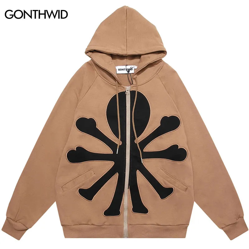 Mens Harajuku Embroidery Patch Zipper Hooded Sweatshirt