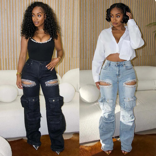 Women Denim Cargo High Waist Flare Pants