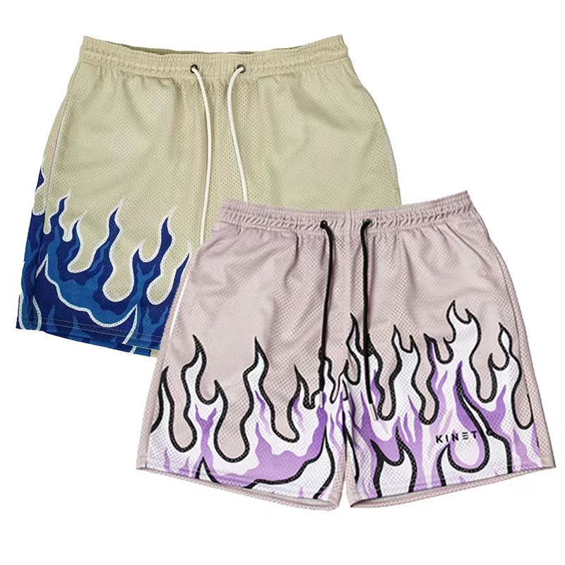 Mesh Breathable Men Flame Print Shorts