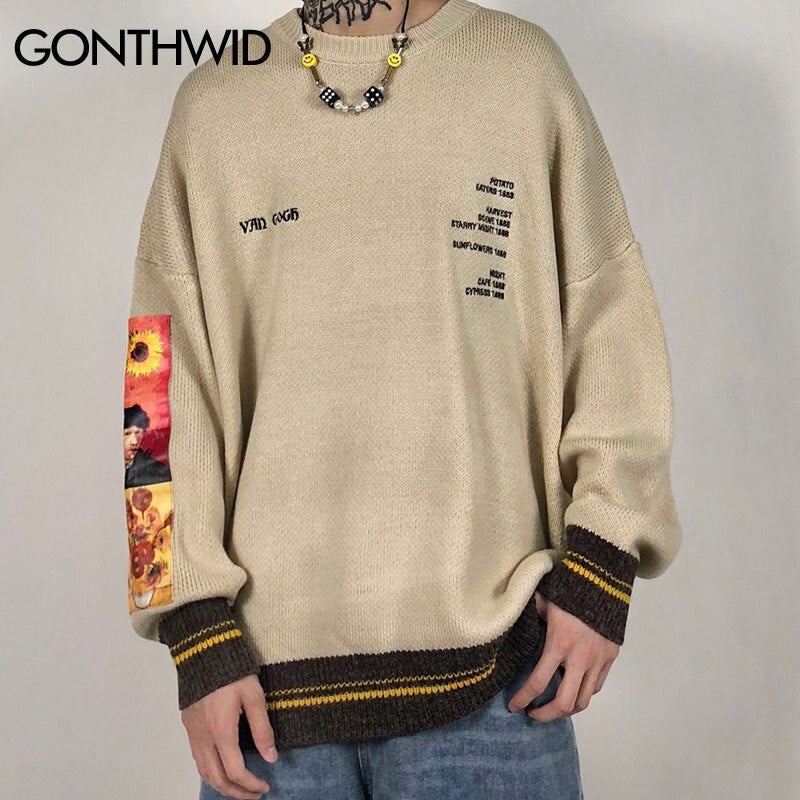 Mens Knitted Streetwear Hip Hop Embrodiery Letter Sweater