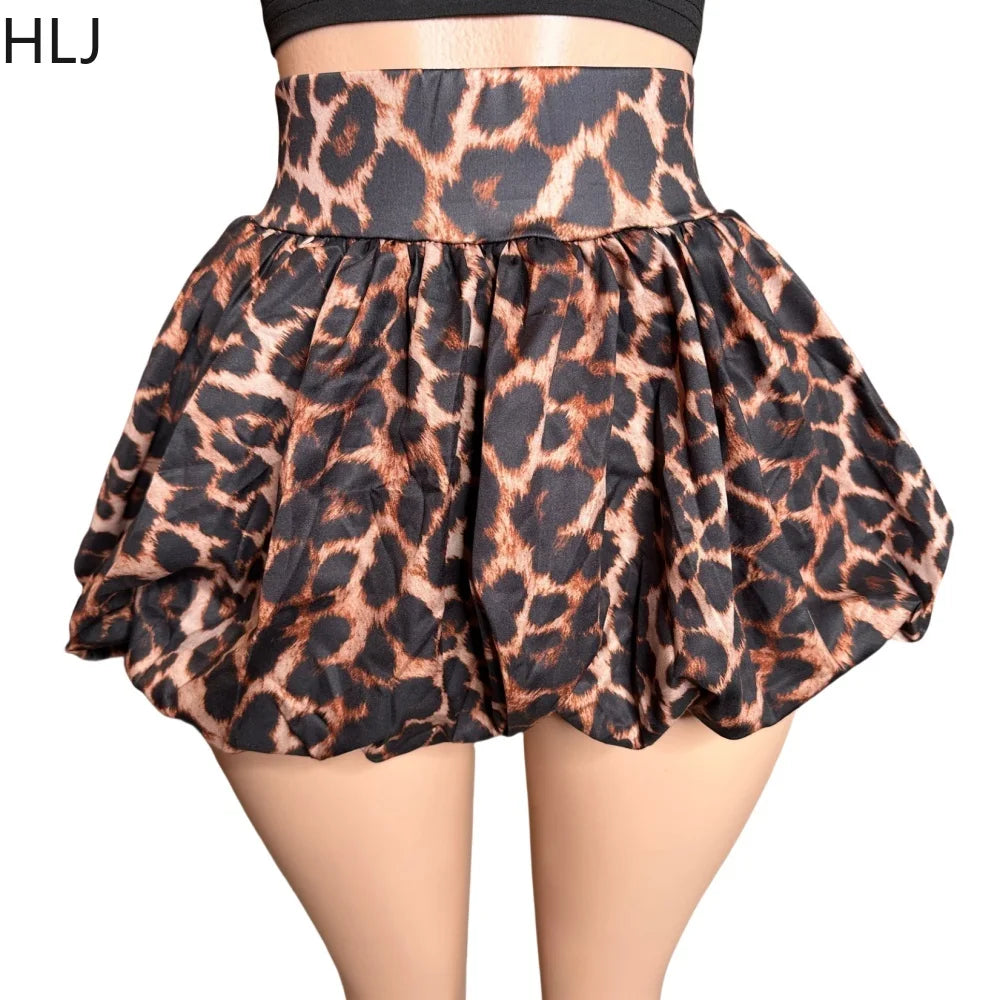 Womens HLJ Y2K Leopard Print Puffy Mini Skirts Two Piece Sets