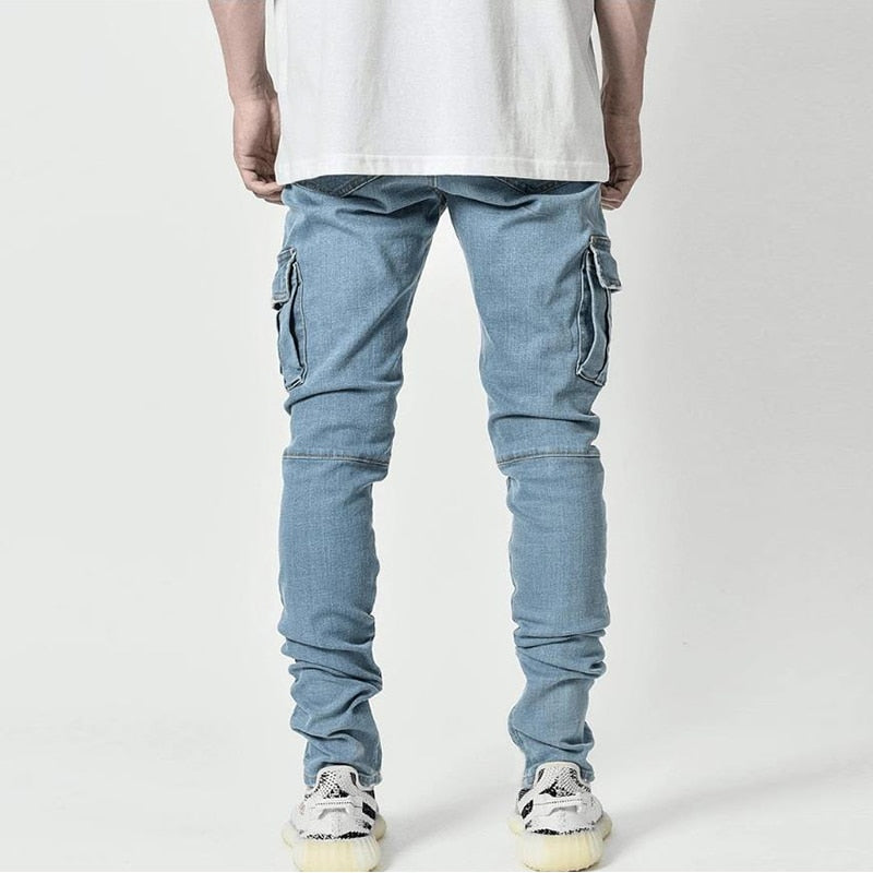 Men Wash Solid Color Mid Waist Cargo Jeans