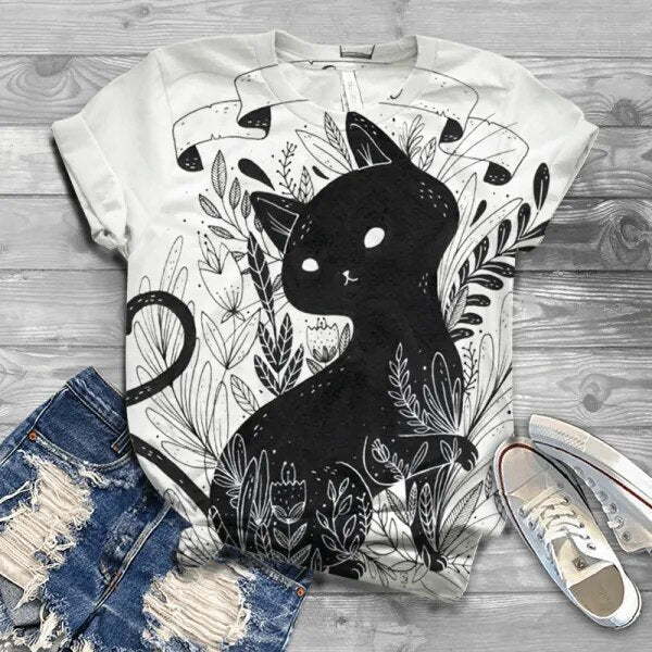 Womens Vintage Cartoon Kitten Harajuku Tee