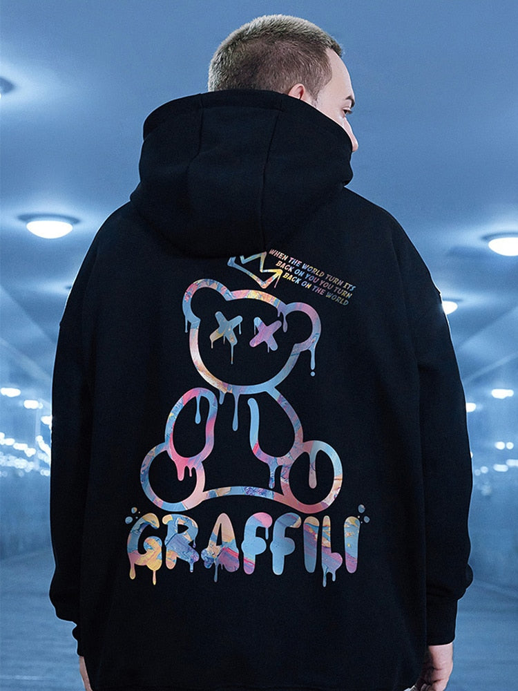 Graffiti Bear Print Men's Fleece Hoodie