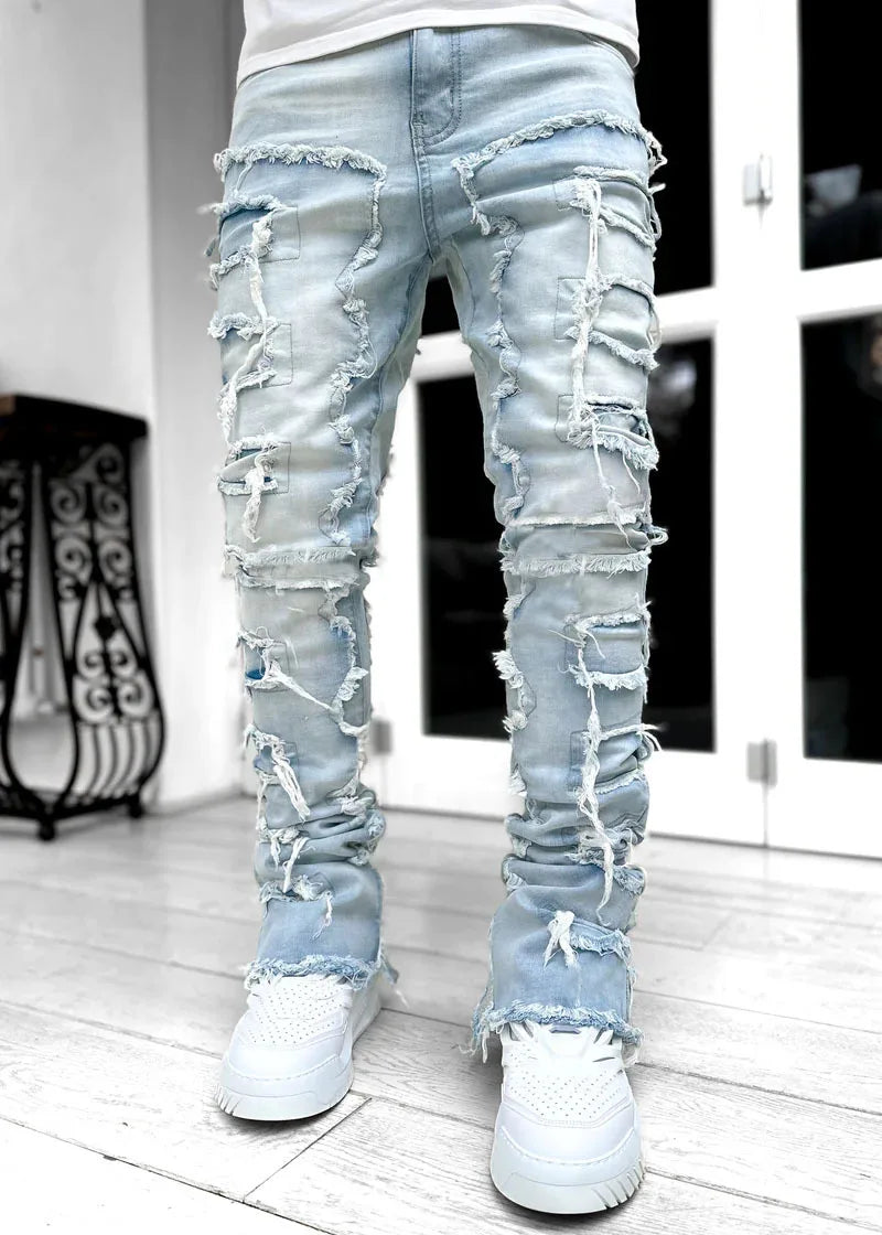 Mens Fashion Streetwear Stacked Jeans