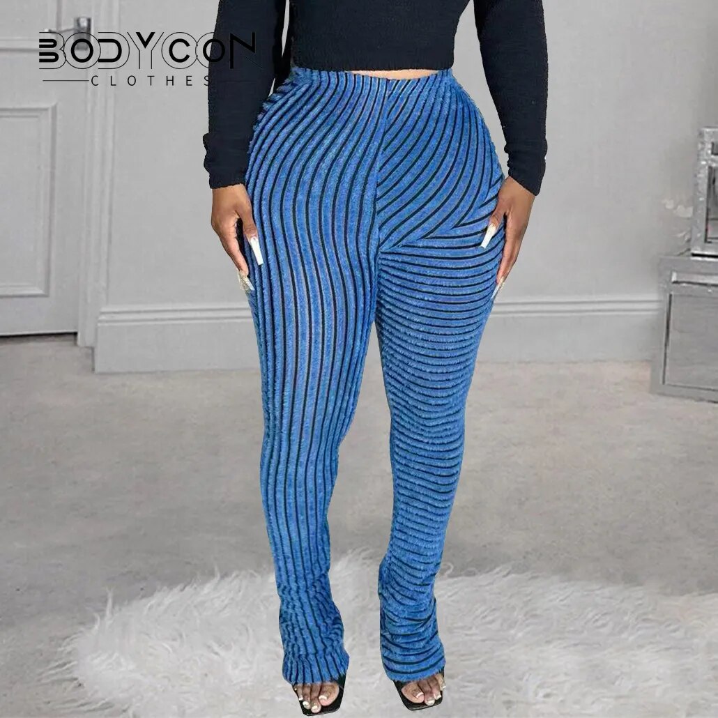 Women's Bodycon Striped Fluffy Stacked Pants High Waist Trend