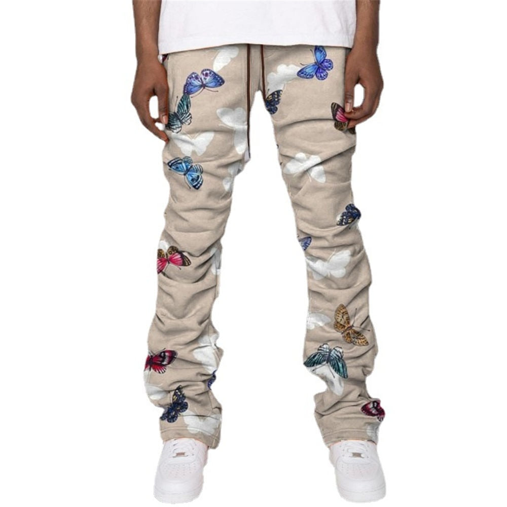 Unisex Khaki Cargo Pants Butterfly Print