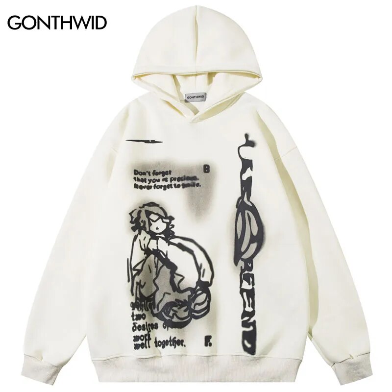 Mens Harajuku Hip Hop Cartoon Boy Graphic Print Hooded Sweatshirt