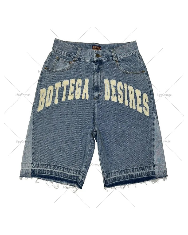 Mens American Street Embroidery High Waist Washed Denim Shorts