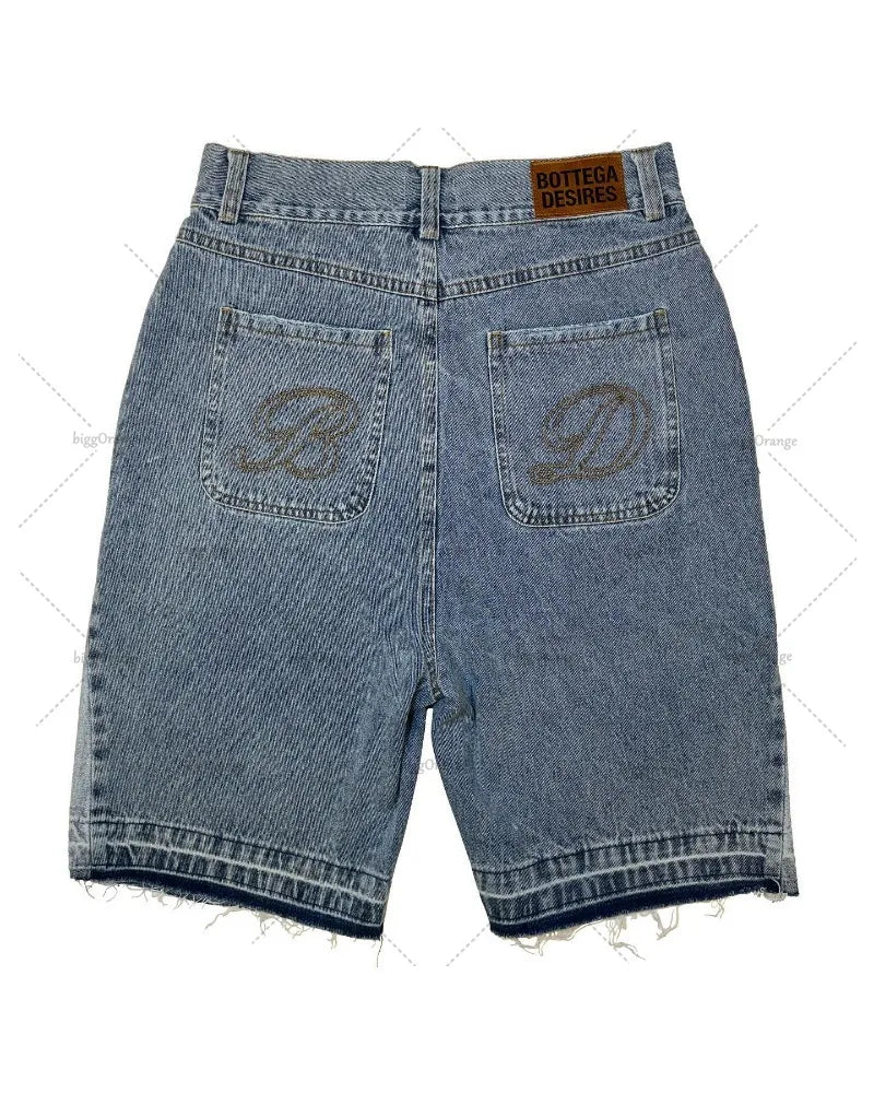 Mens American Street Embroidery High Waist Washed Denim Shorts