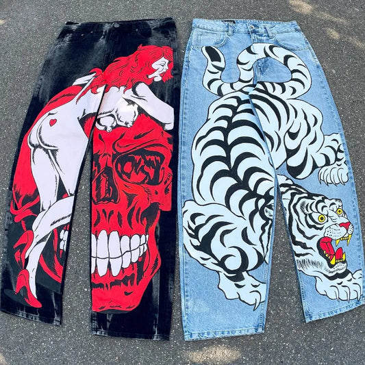 Mens Y2K Baggy 2000s Streetwear Vintage printing Oversized Jeans