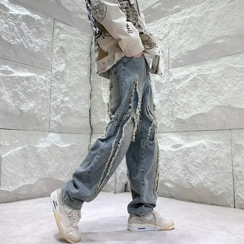 Men Y2K Streetwear Cross Patchwork Baggy Stacked Jeans